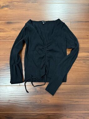 Dynamite Black Ribbed V-Neck Drawstring Long Sleeve Top